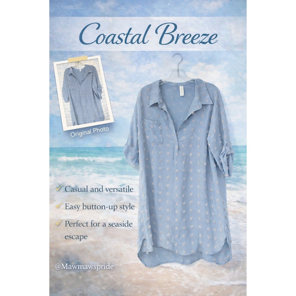 B. Young Blue‎ Clip Dot Roll Tab Sleeve Tunic dress Women XL Coastal Breeze